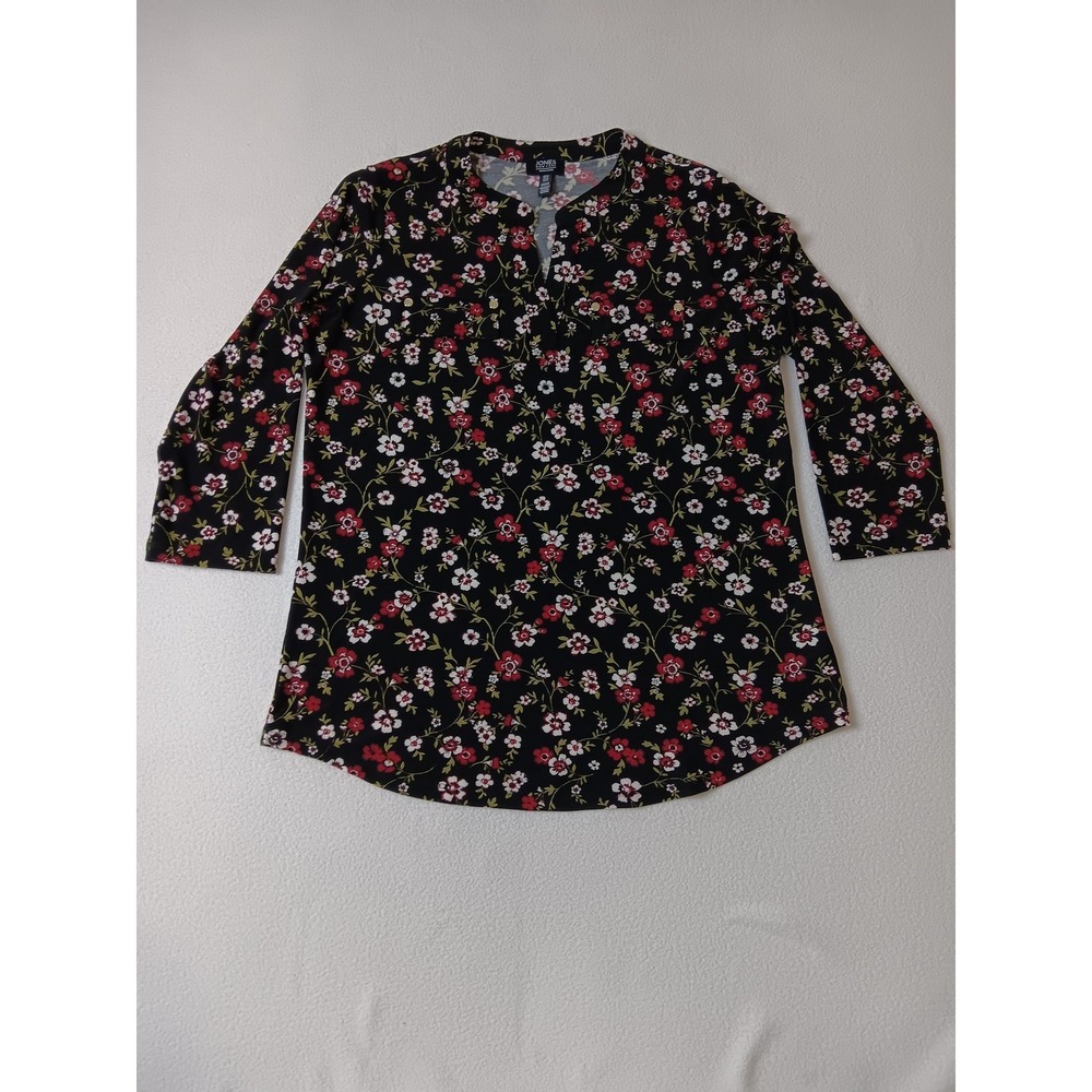 Jones New York Black Floral Tunic Blouse Womens M Henley 3/4 Sleeve Polyester